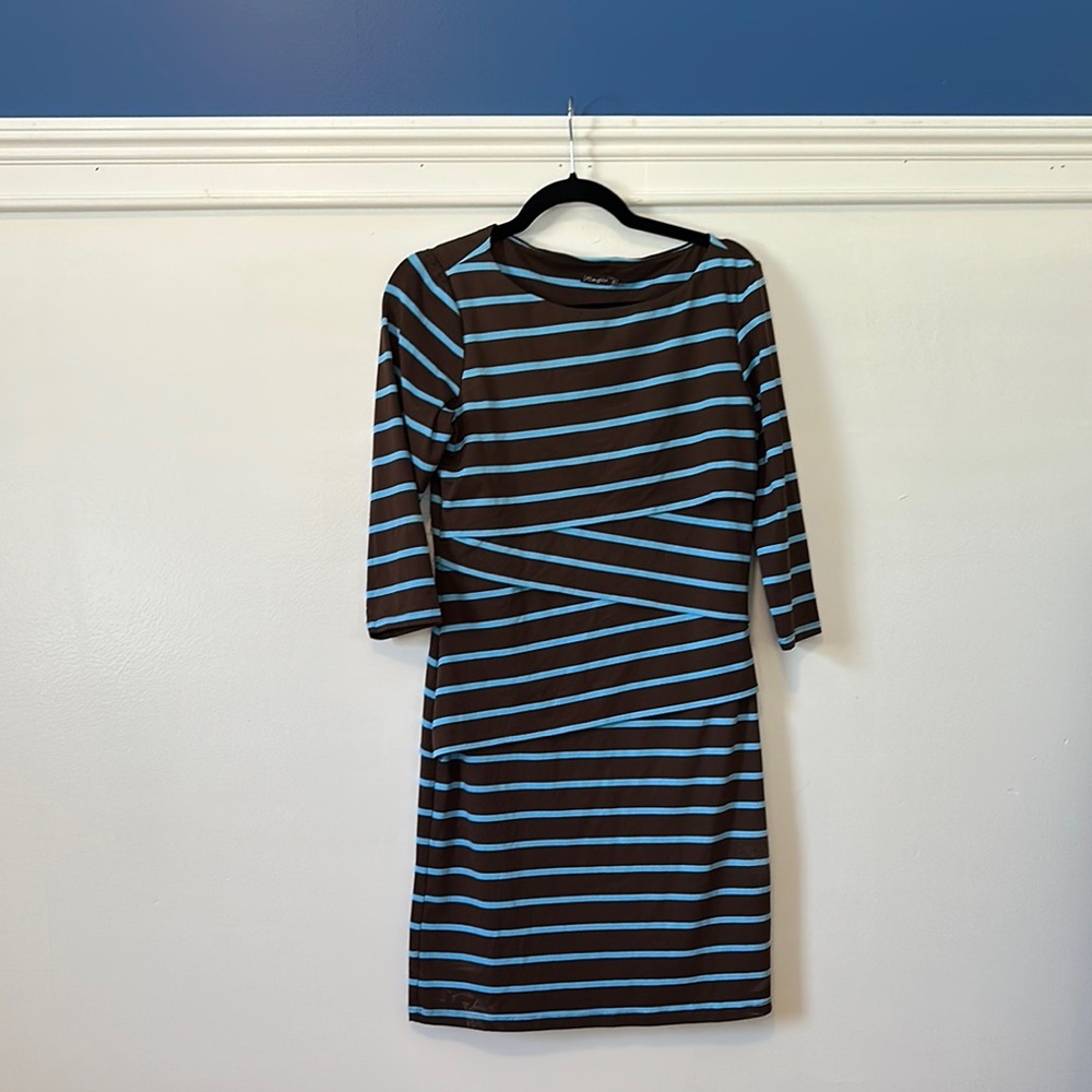 J. McLaughlin Asymmetrical Dress in Brown and Blue Stripes